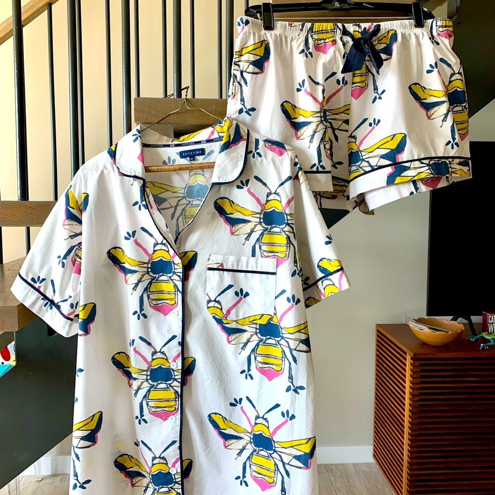 Katie Kime Bees Pajama Short Set, size XL, Color pink/yellow/black
